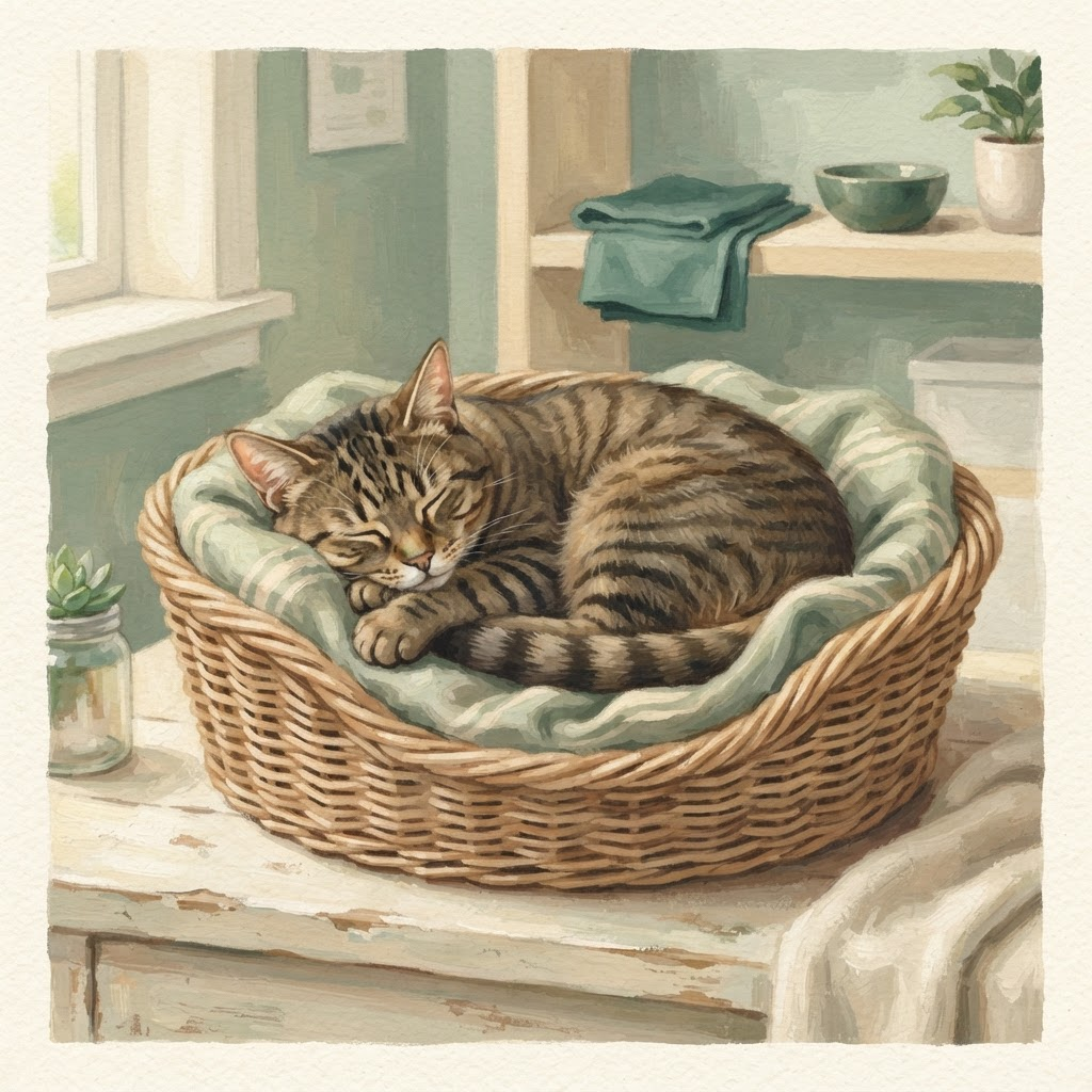 Illustration d'un chat endormi dans un panier de convalescence, exemple fictif de photo jointe à une nouvelle